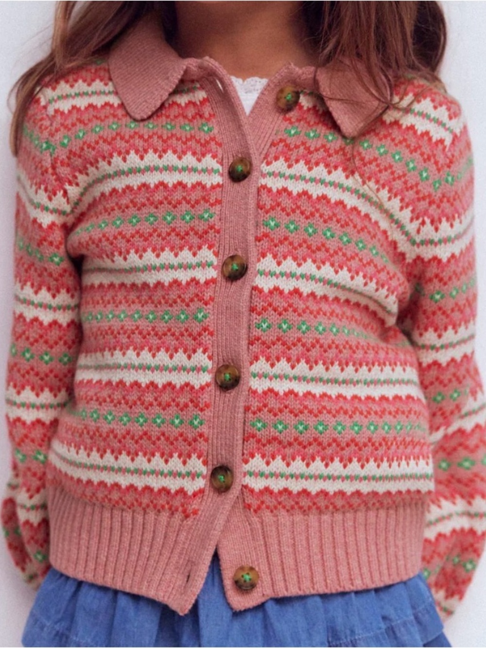 NWT Mini Boden kids fair isle collar  pink sweater 100% cotton cardigan 4-5 yr